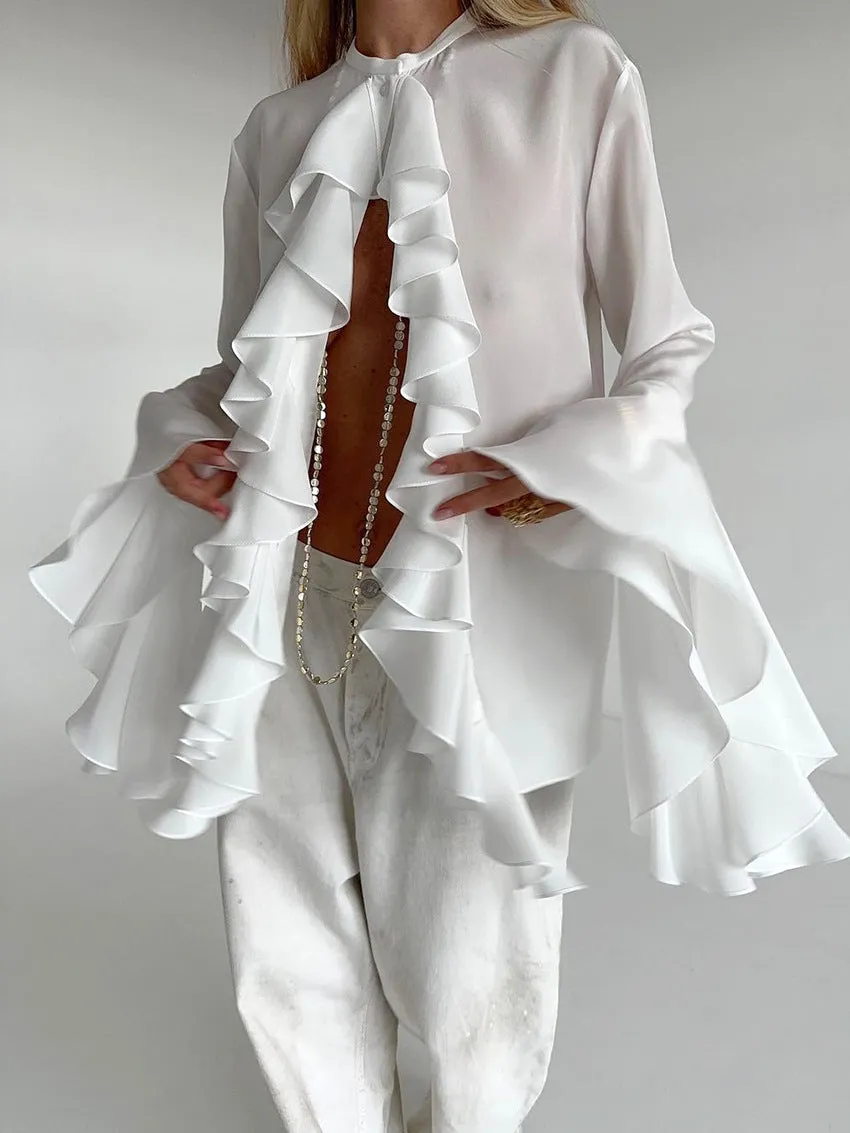 Bell Sleeve Up Sheer Chiffon Ruffle Blouse