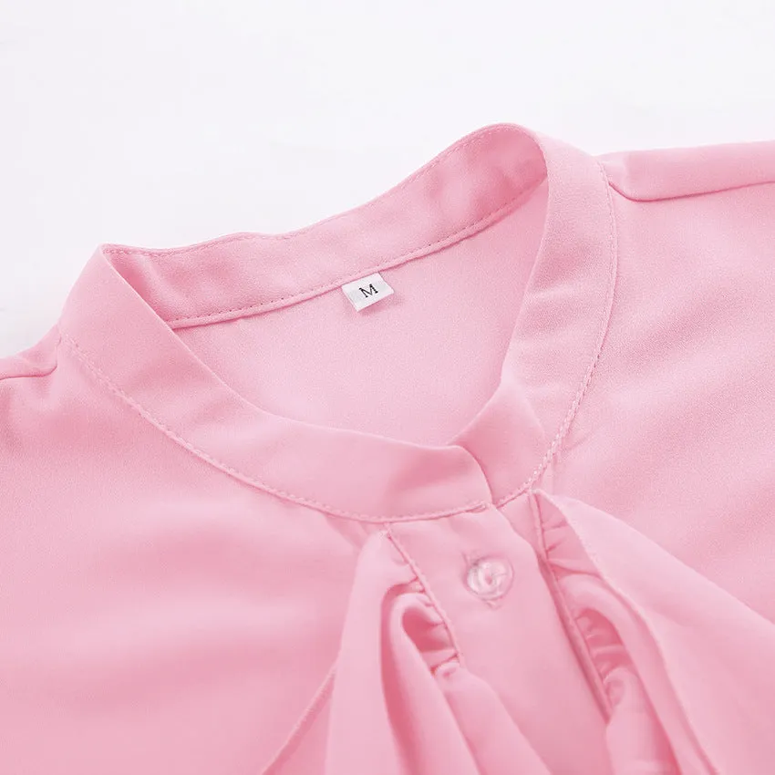 Bell Sleeve Up Sheer Chiffon Ruffle Blouse