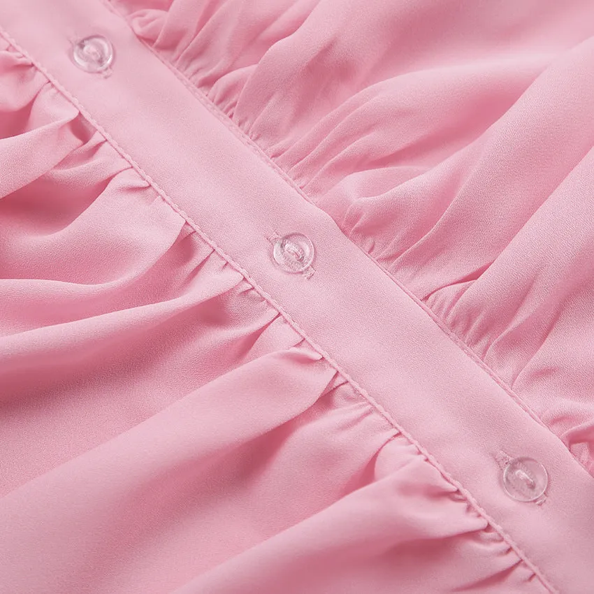 Bell Sleeve Up Sheer Chiffon Ruffle Blouse