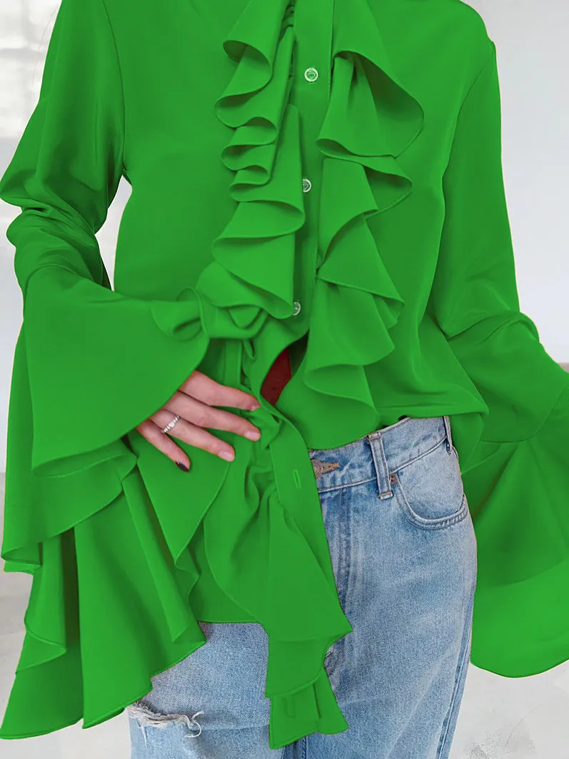 Bell Sleeve Up Sheer Chiffon Ruffle Blouse