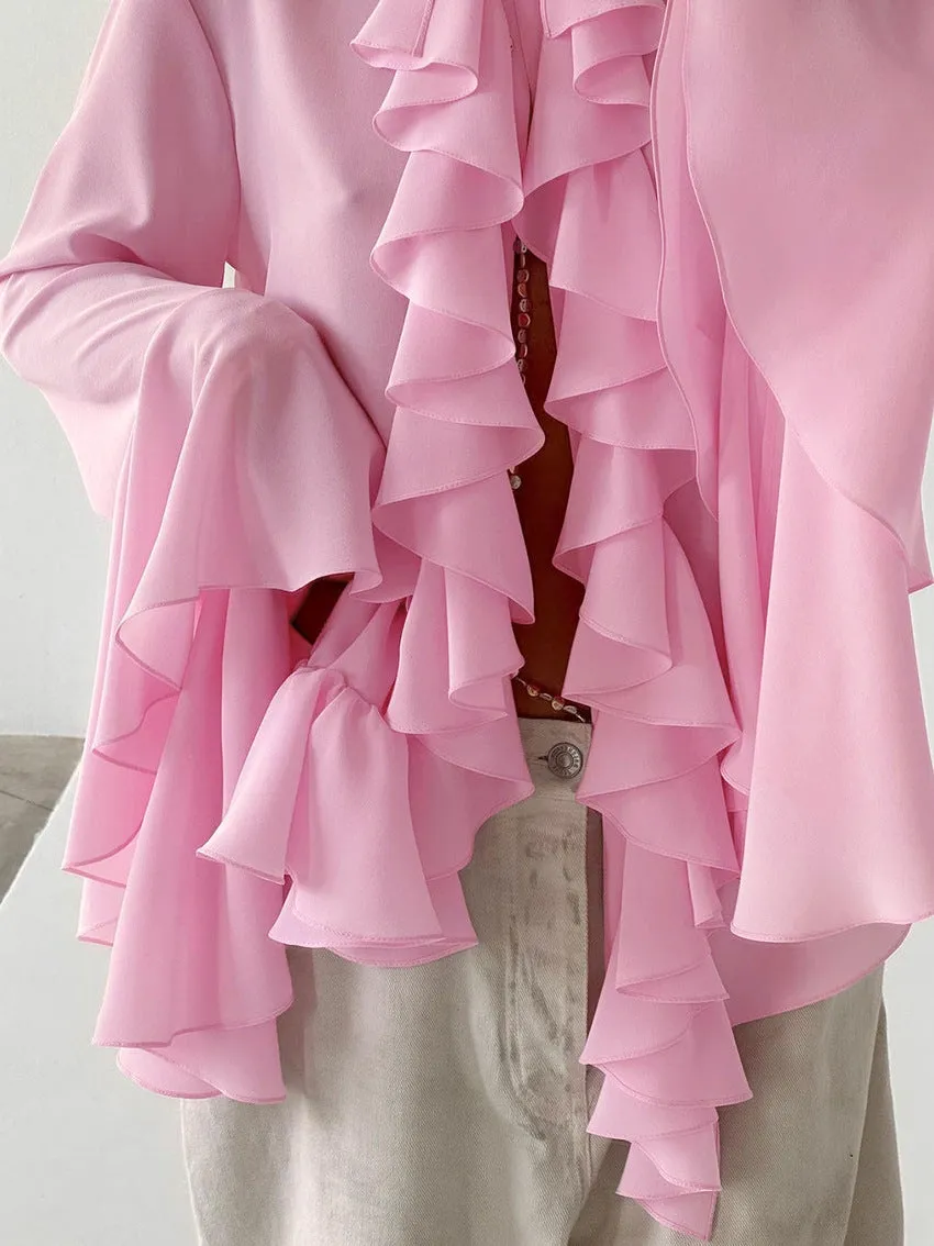 Bell Sleeve Up Sheer Chiffon Ruffle Blouse