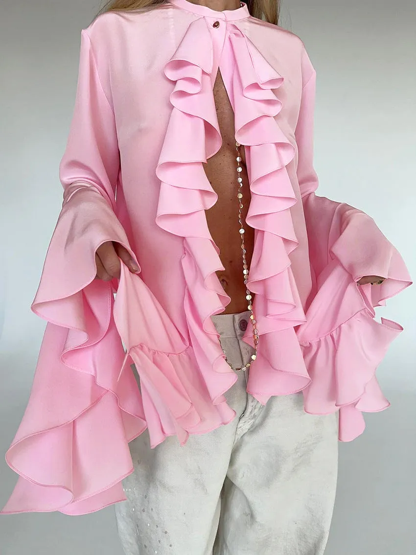 Bell Sleeve Up Sheer Chiffon Ruffle Blouse