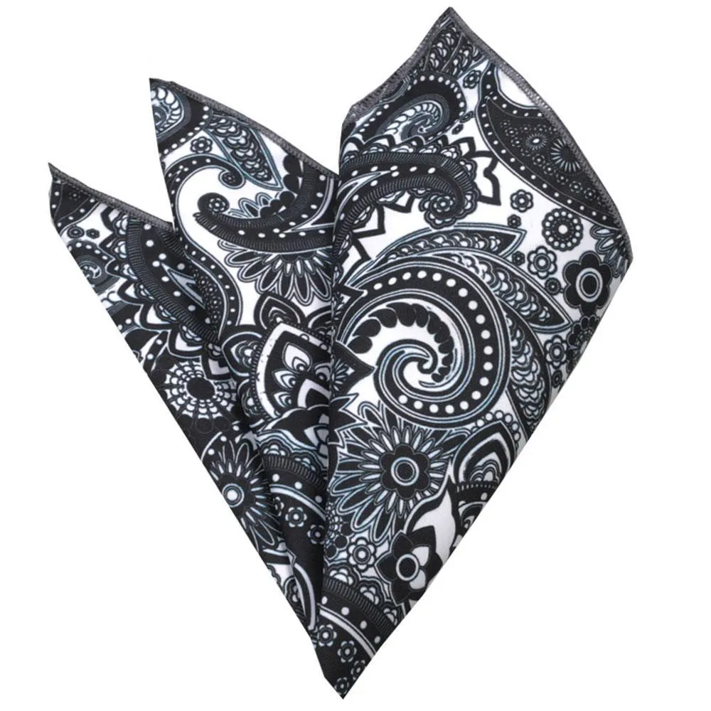 Black & White Paisley Mens Pocket Square - Premium Silk Handkerchiefs for Suits
