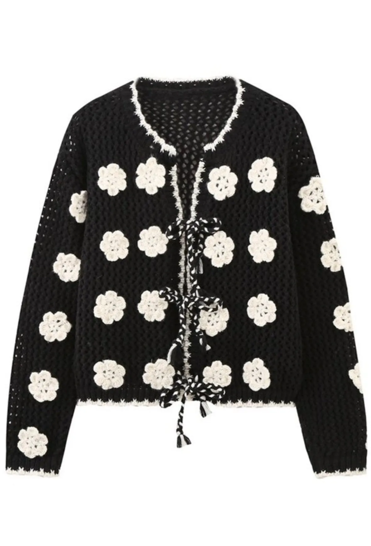 Black and white floral crochet cardigan