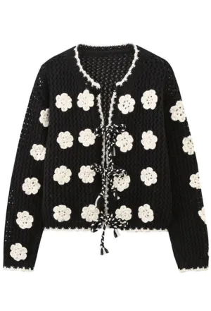 Black and white floral crochet cardigan