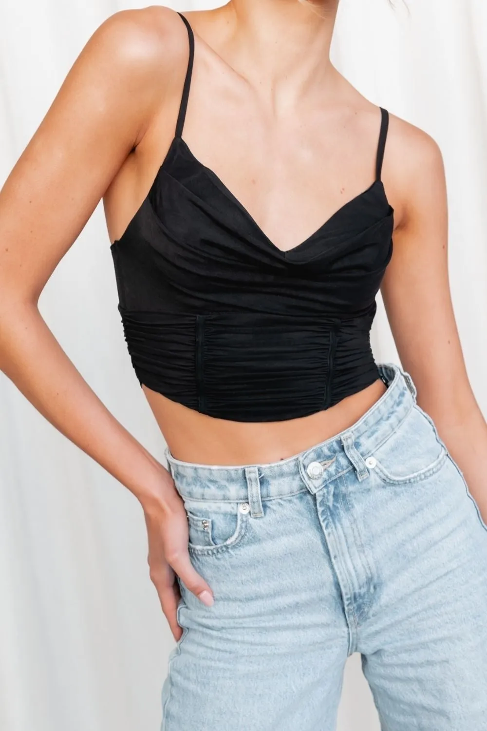 Black Cowl Neckline Ruched Spaghetti Top