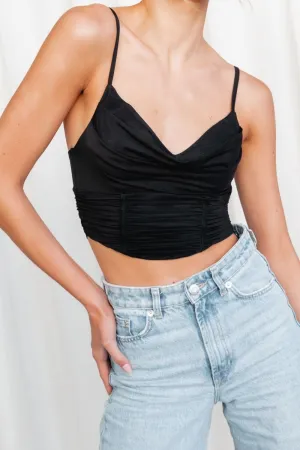 Black Cowl Neckline Ruched Spaghetti Top