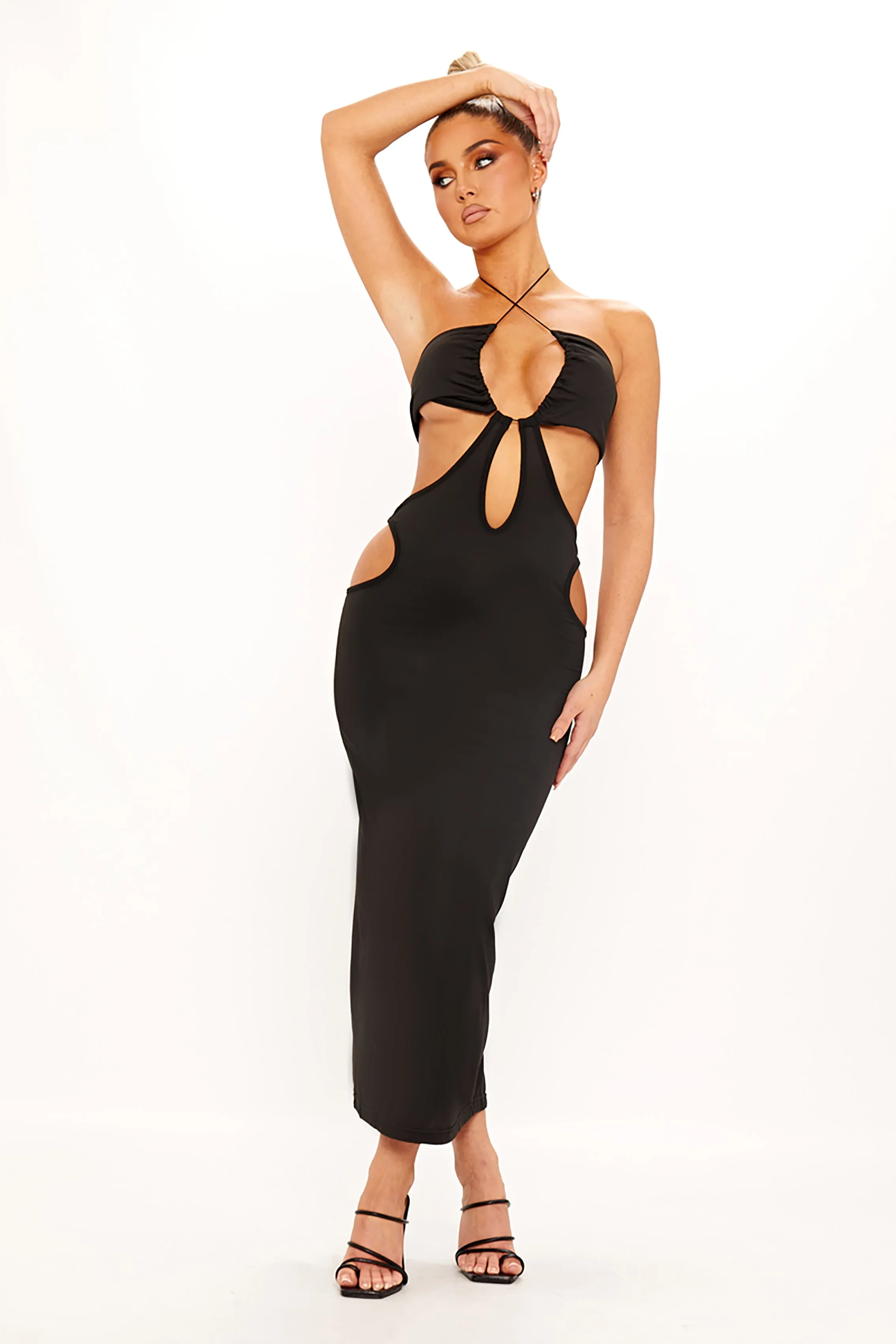 Black Cut Out Tie Detail Bodycon Midi Dress