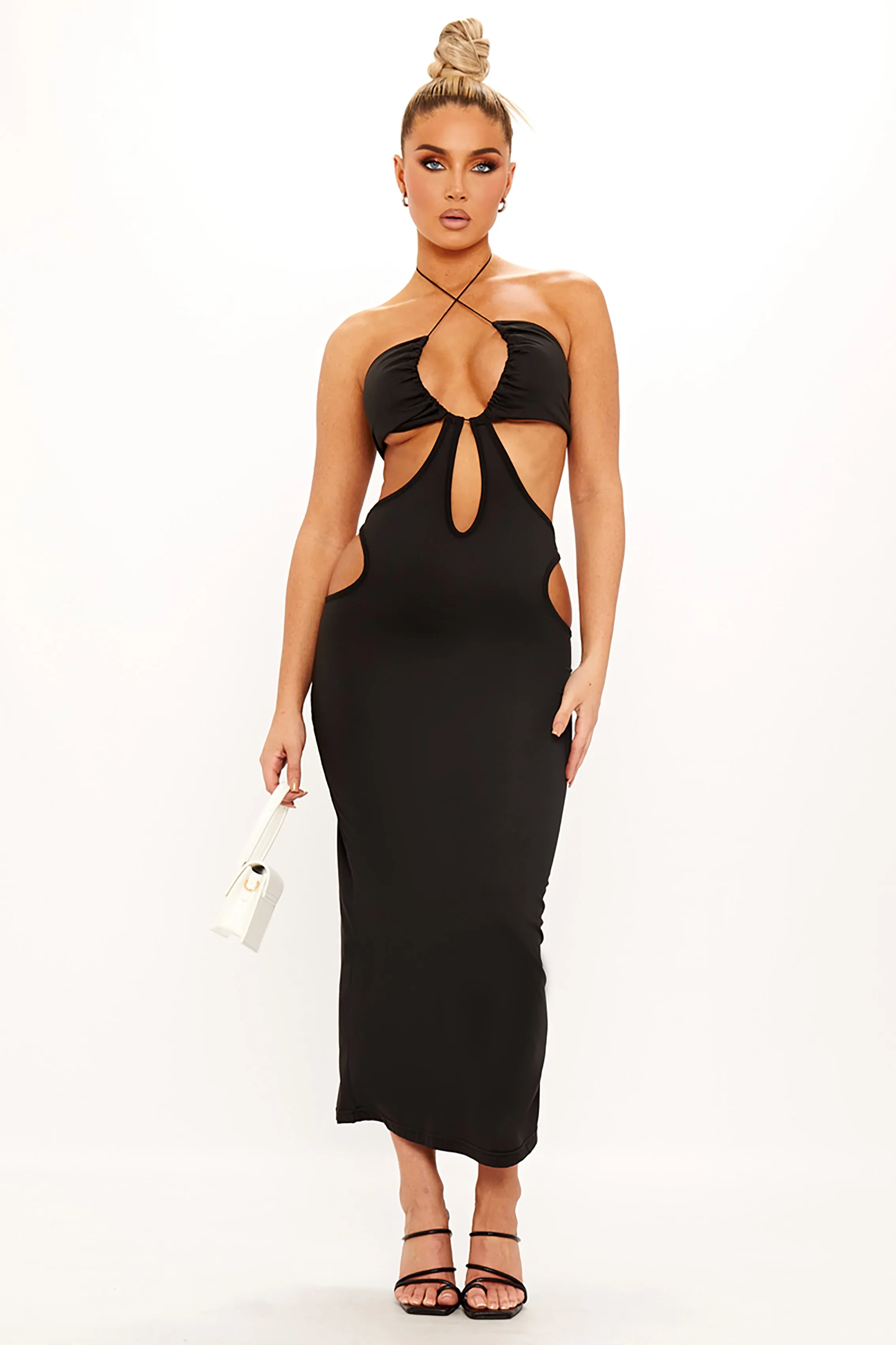 Black Cut Out Tie Detail Bodycon Midi Dress