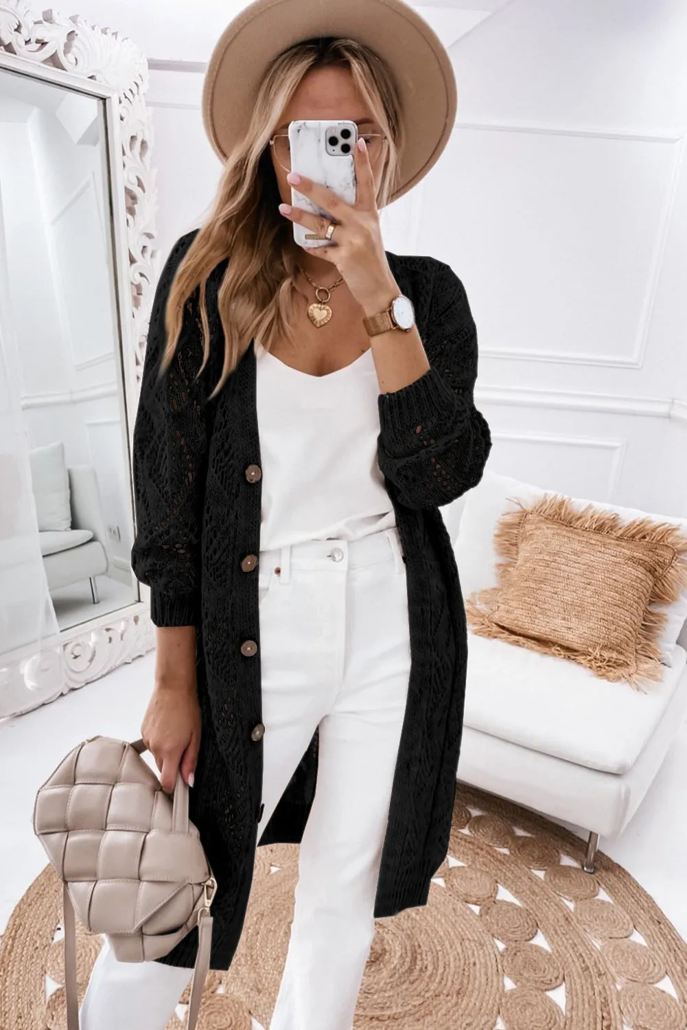Black Khaki Long Sleeve Button Up Hollowed Cardigan