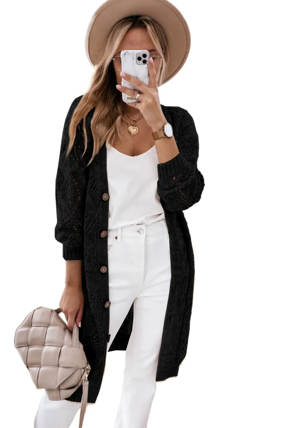 Black Khaki Long Sleeve Button Up Hollowed Cardigan