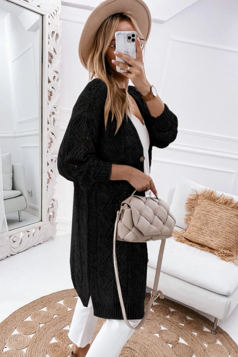 Black Khaki Long Sleeve Button Up Hollowed Cardigan