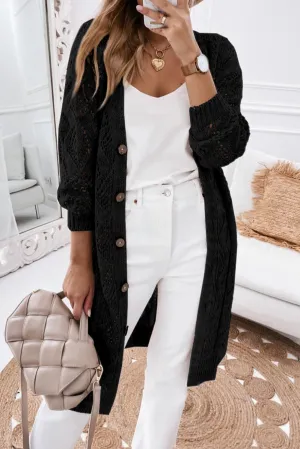 Black Khaki Long Sleeve Button Up Hollowed Cardigan