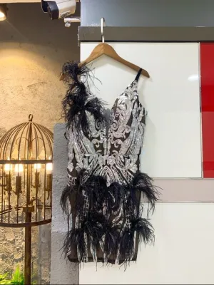 Black Mini Feathers V-neck Bodycon Dress