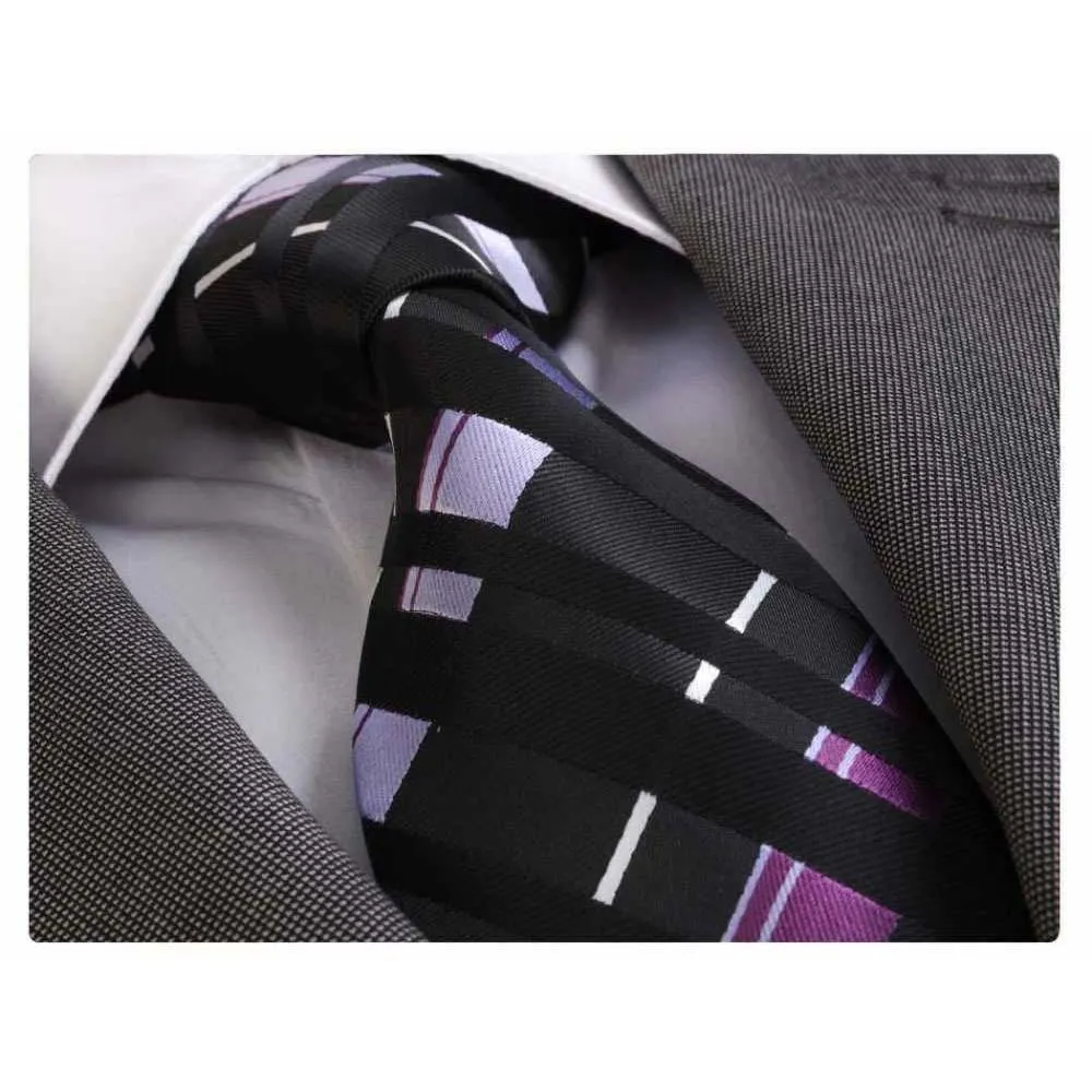 Black Purple White Mens Designer Silk Necktie with Gift Box - Premium Quality made in Europe
