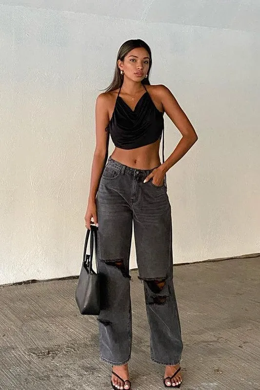 Black Satin Cowl Neck Ruched Crop Top