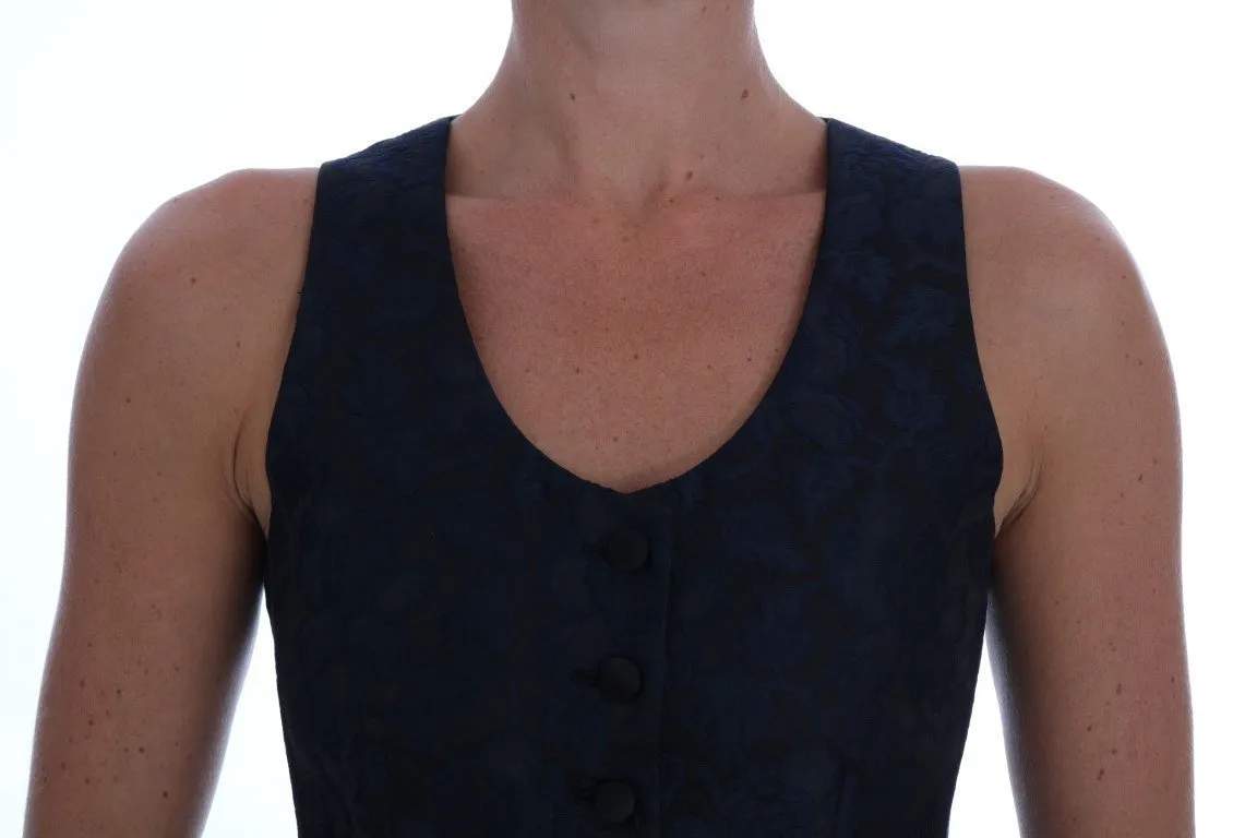 Black Silk Blue Baroque Brocade Vest