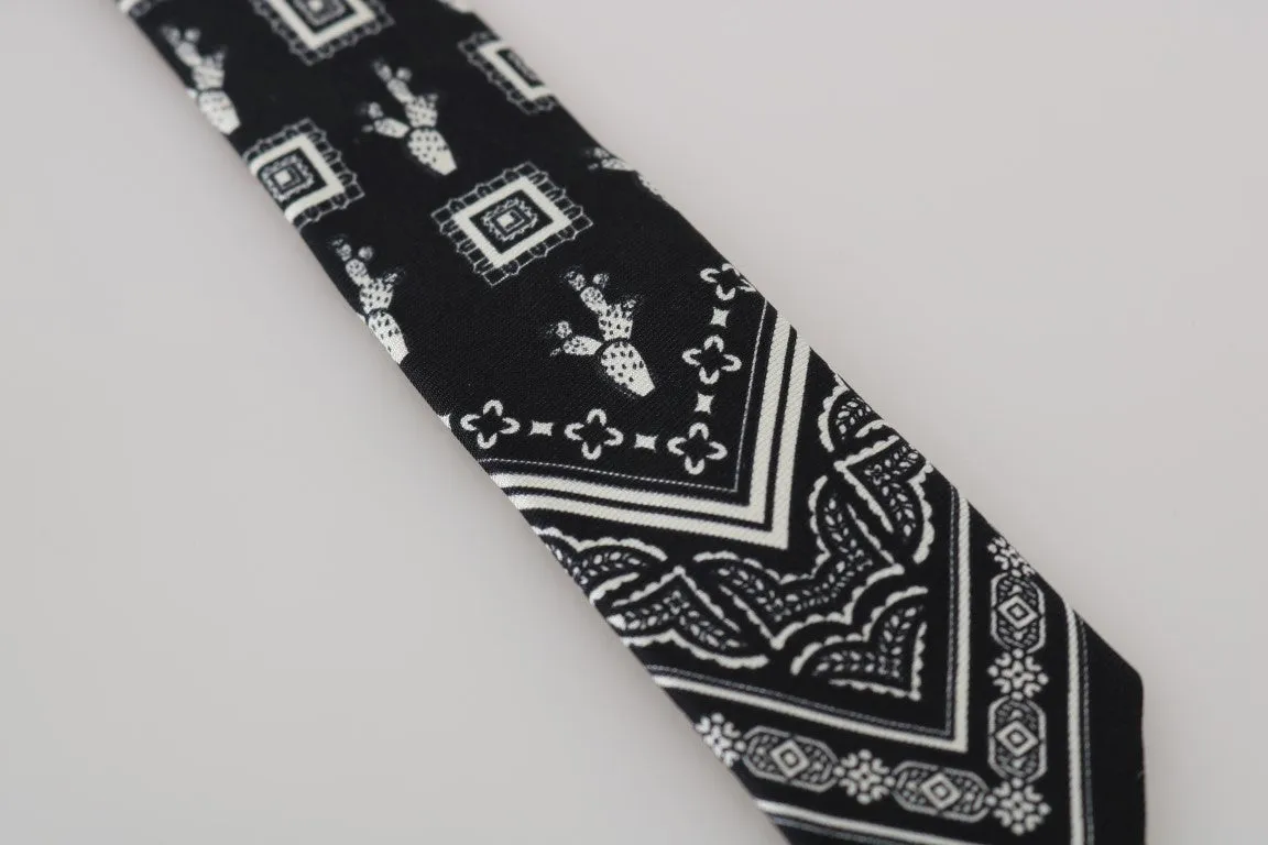 Black Silk White Cactus Print Tie