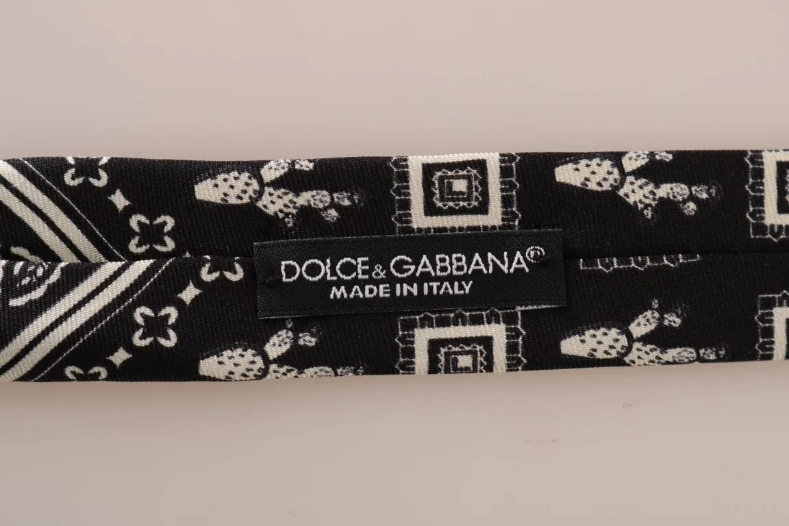 Black Silk White Cactus Print Tie