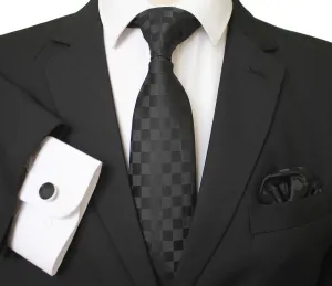 Black Squares Designer Silk Floral Necktie with Matching Cufflinks & Pocket Square Set for Men