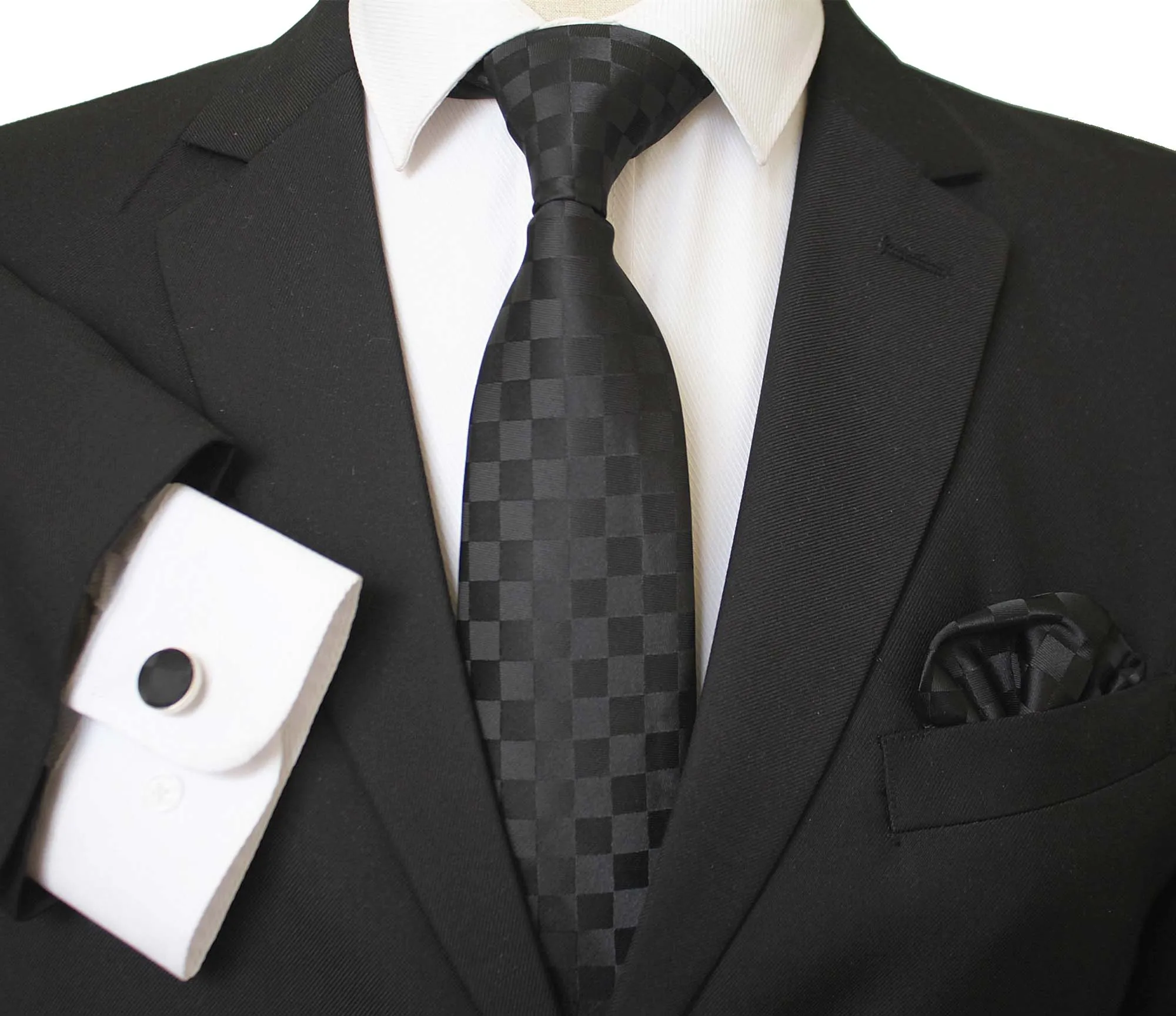 Black Squares Designer Silk Floral Necktie with Matching Cufflinks & Pocket Square Set for Men