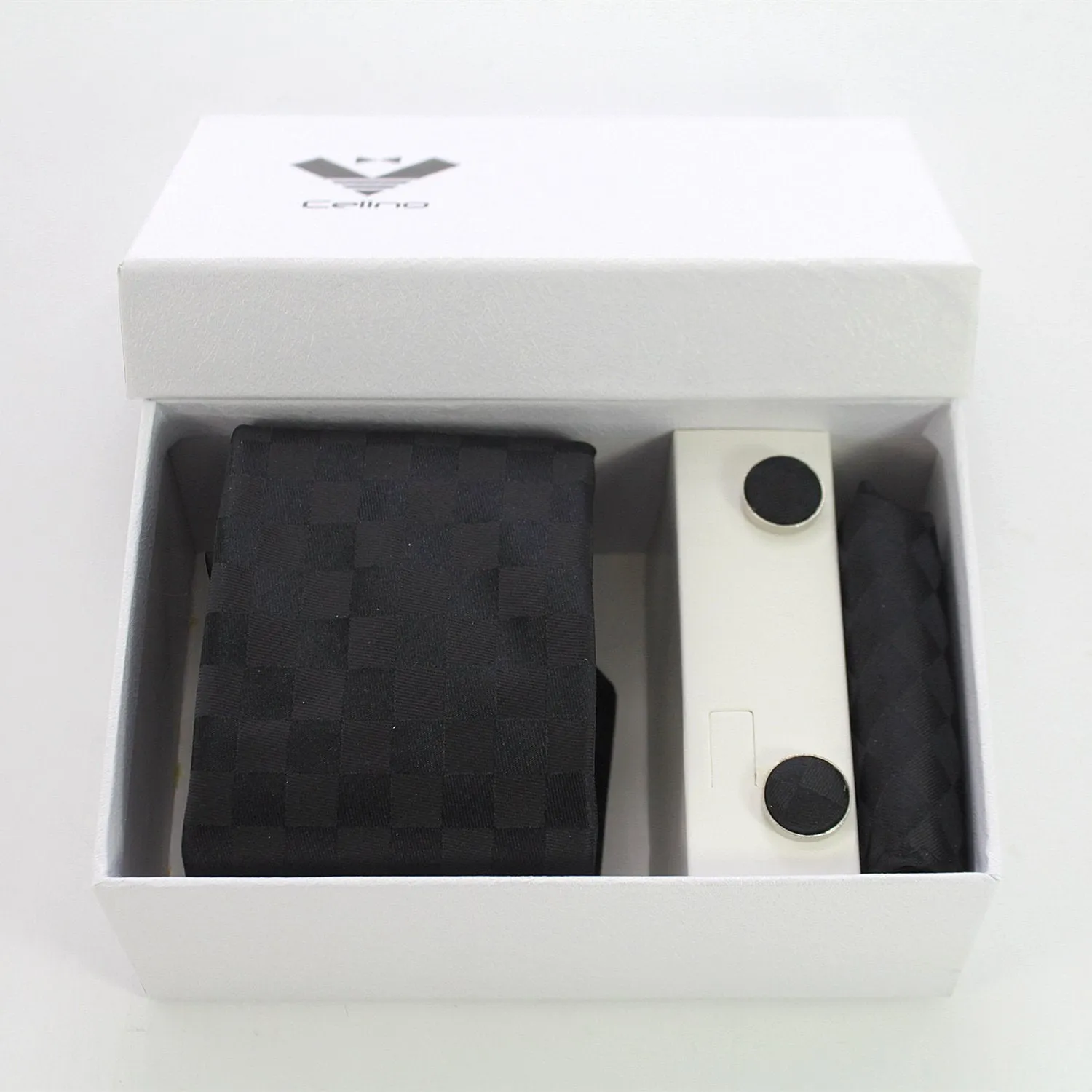Black Squares Designer Silk Floral Necktie with Matching Cufflinks & Pocket Square Set for Men