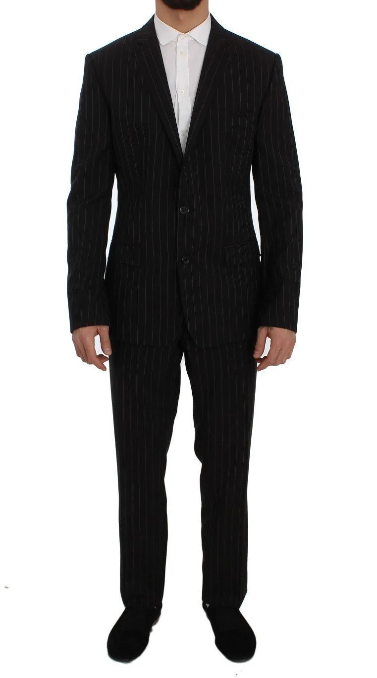 Black Striped Wool Slim Fit Staff Suit