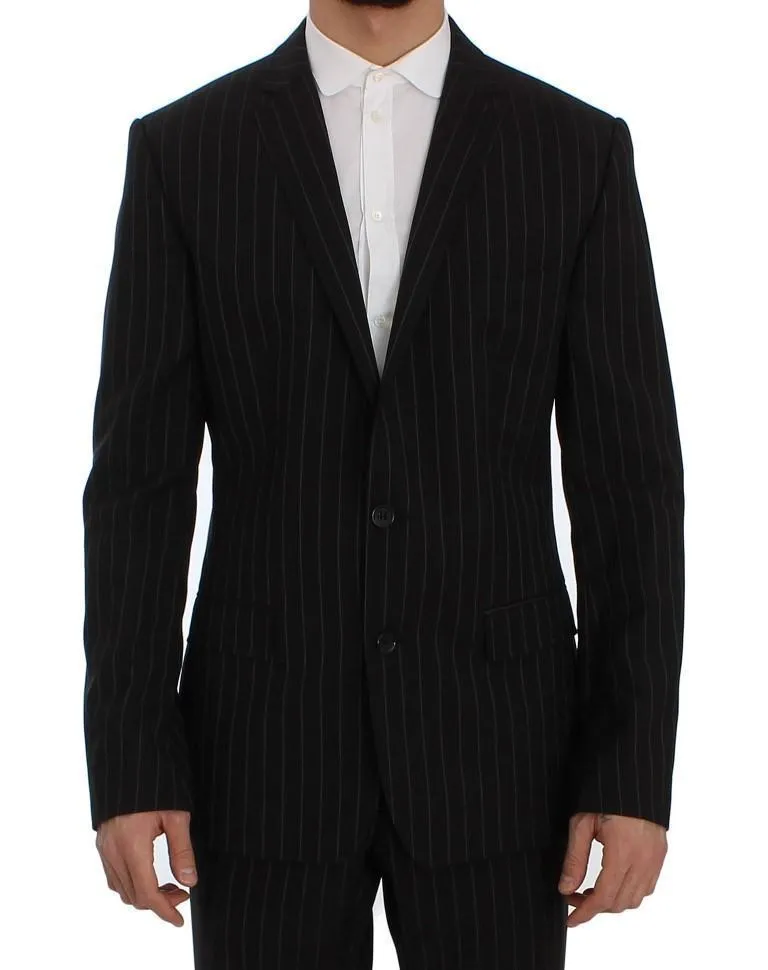 Black Striped Wool Slim Fit Staff Suit