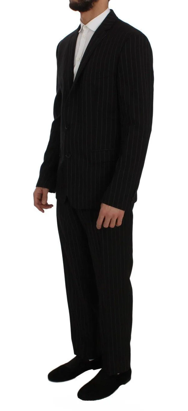Black Striped Wool Slim Fit Staff Suit