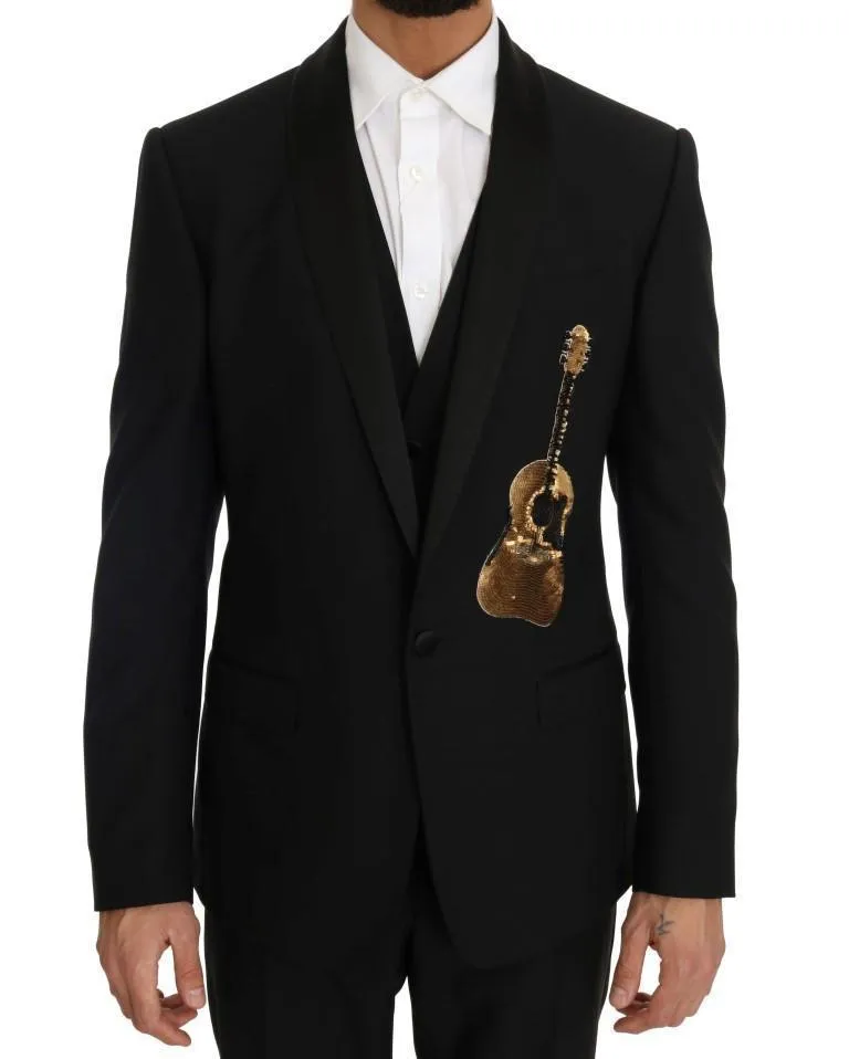 Black Wool Silk Gold Guitar Slim Fit Suit
