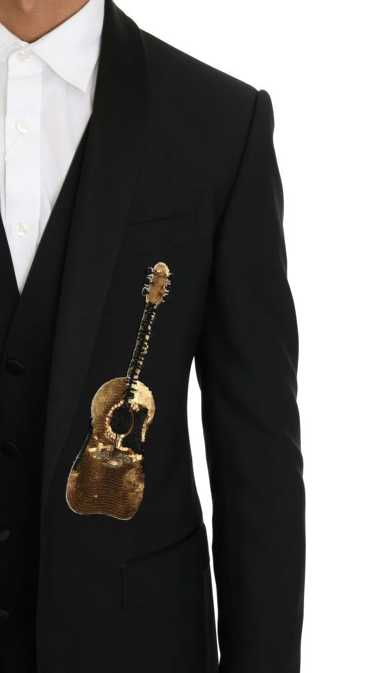 Black Wool Silk Gold Guitar Slim Fit Suit