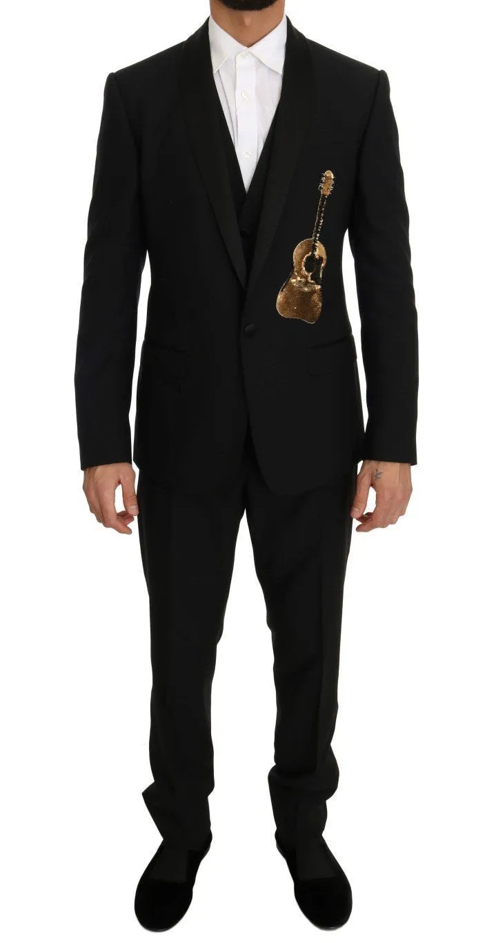 Black Wool Silk Gold Guitar Slim Fit Suit