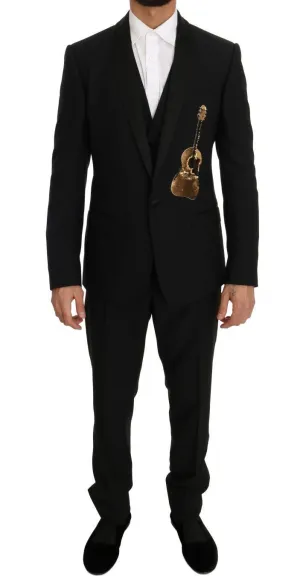 Black Wool Silk Gold Guitar Slim Fit Suit