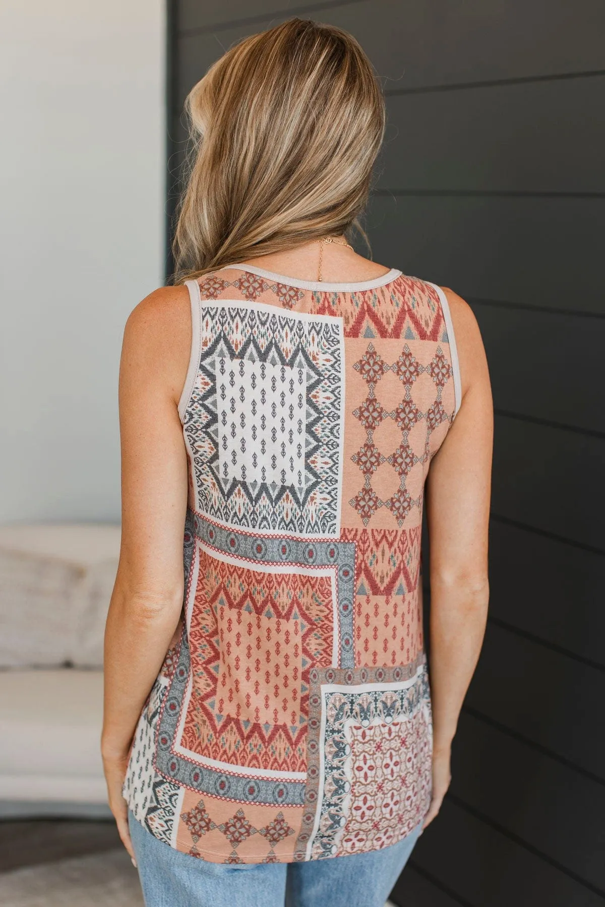 Blowing Kisses Patchwork Tank Top- Taupe & Rust