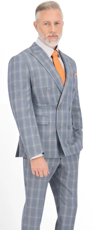 Blue Grey with Tan & Brown Check Regular Double Breast Suit