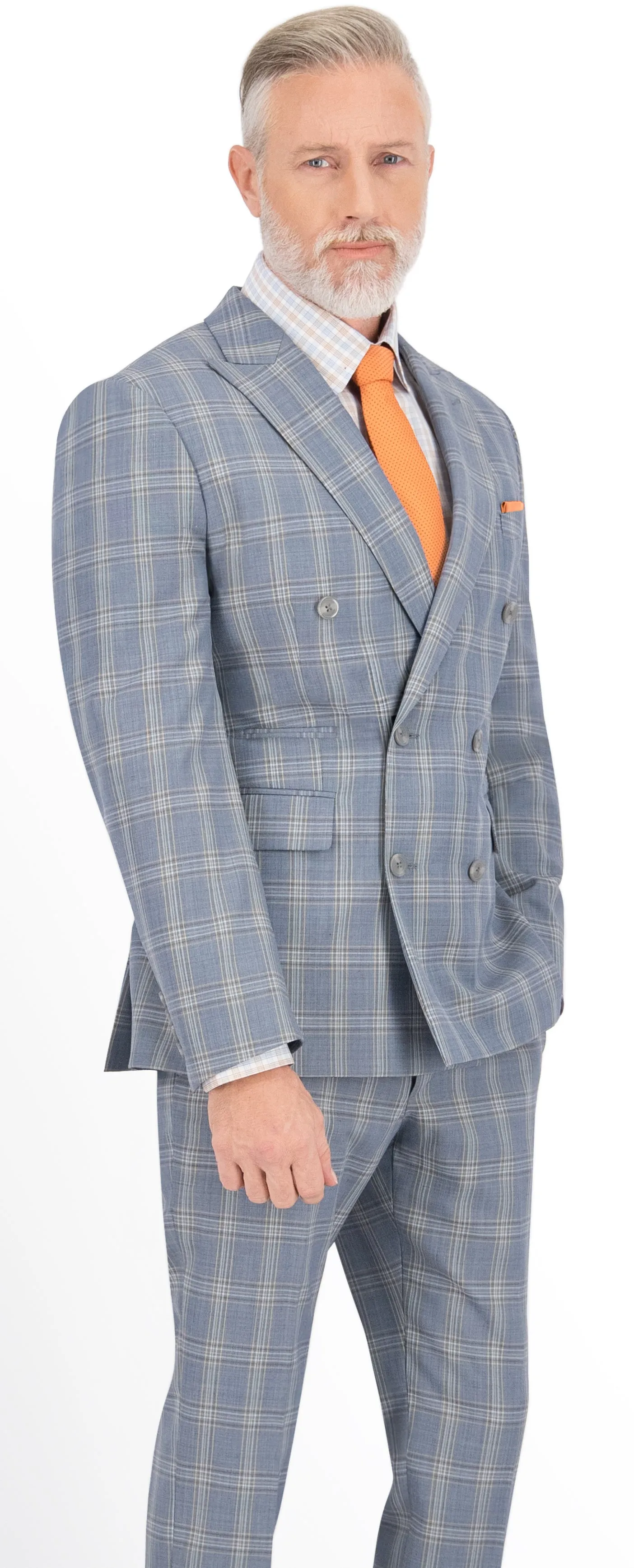 Blue Grey with Tan & Brown Check Regular Double Breast Suit