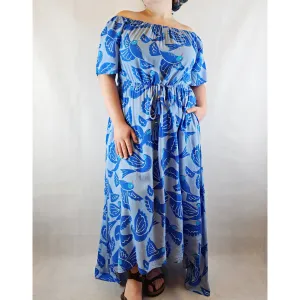 Boho Bird pre-owned blue maxi dress with blue bird print size 14