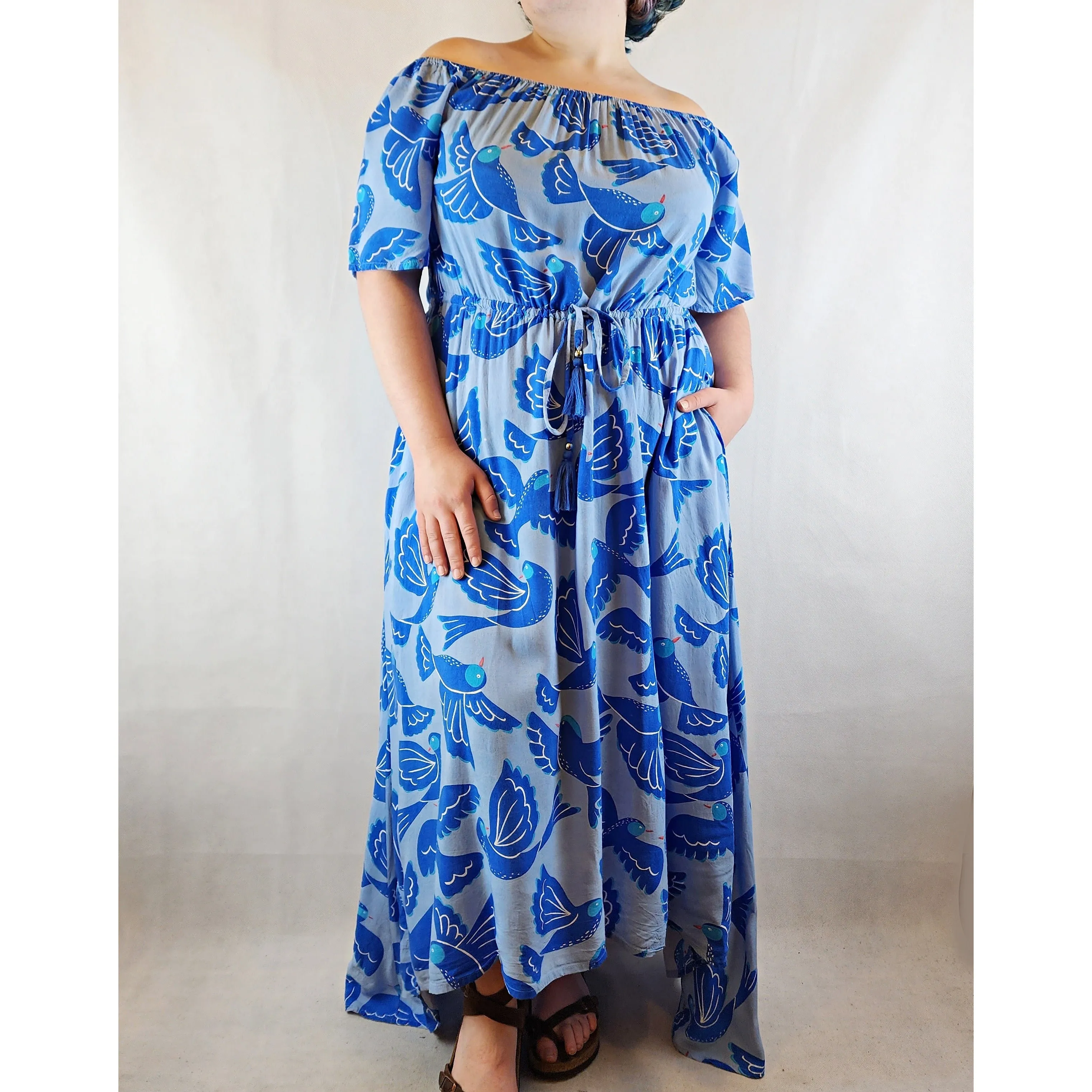 Boho Bird pre-owned blue maxi dress with blue bird print size 14