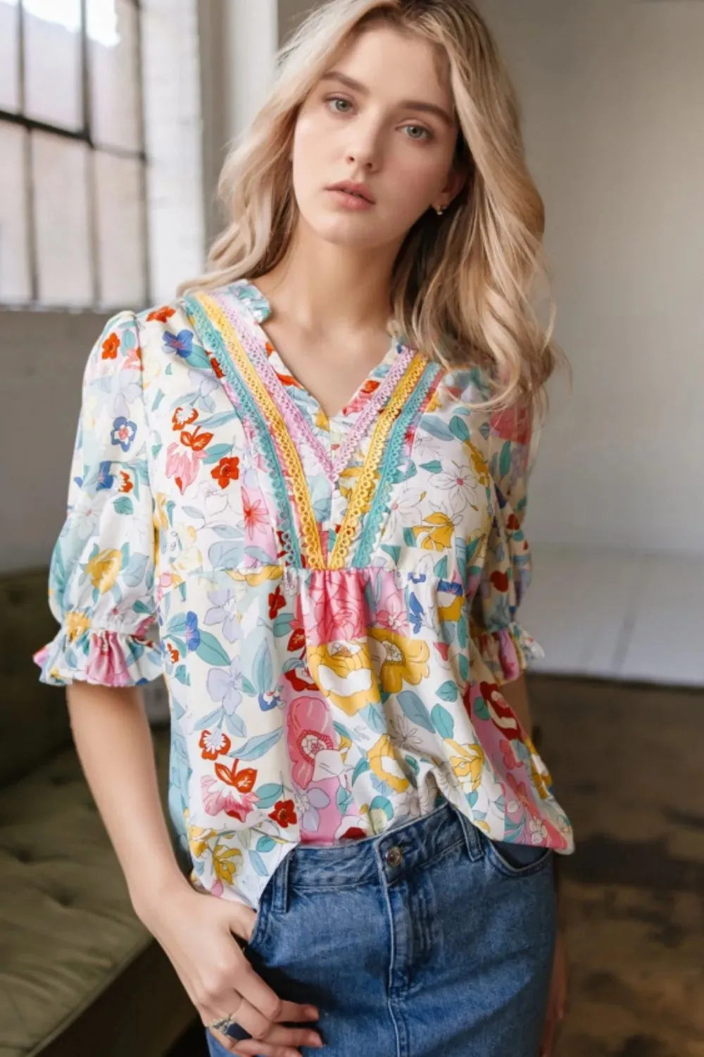 Boho Flower Print Half Puff Sleeve Blouse