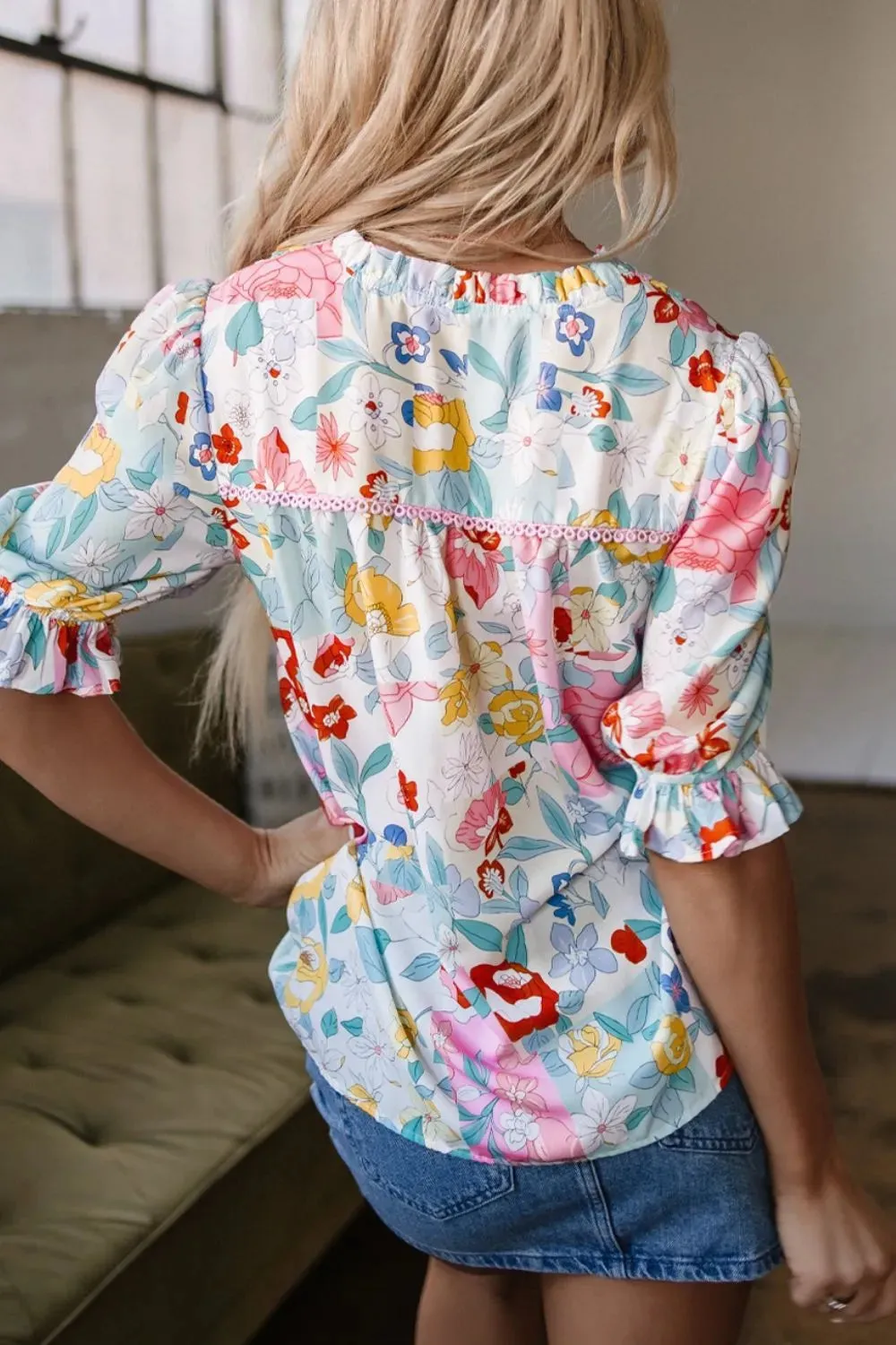 Boho Flower Print Half Puff Sleeve Blouse