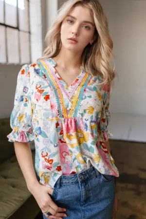 Boho Flower Print Half Puff Sleeve Blouse