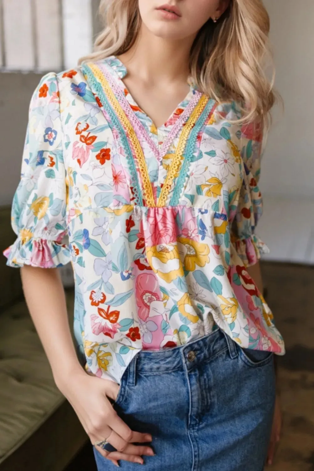 Boho Flower Print Half Puff Sleeve Blouse