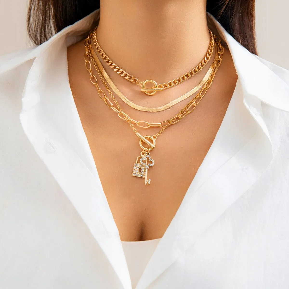 Boho Layered Cubic Zirconia Inlaid Key Lock Pendant Choker Necklace Set
