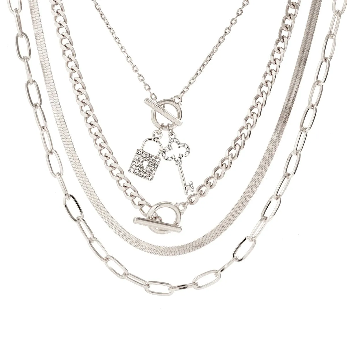 Boho Layered Cubic Zirconia Inlaid Key Lock Pendant Choker Necklace Set