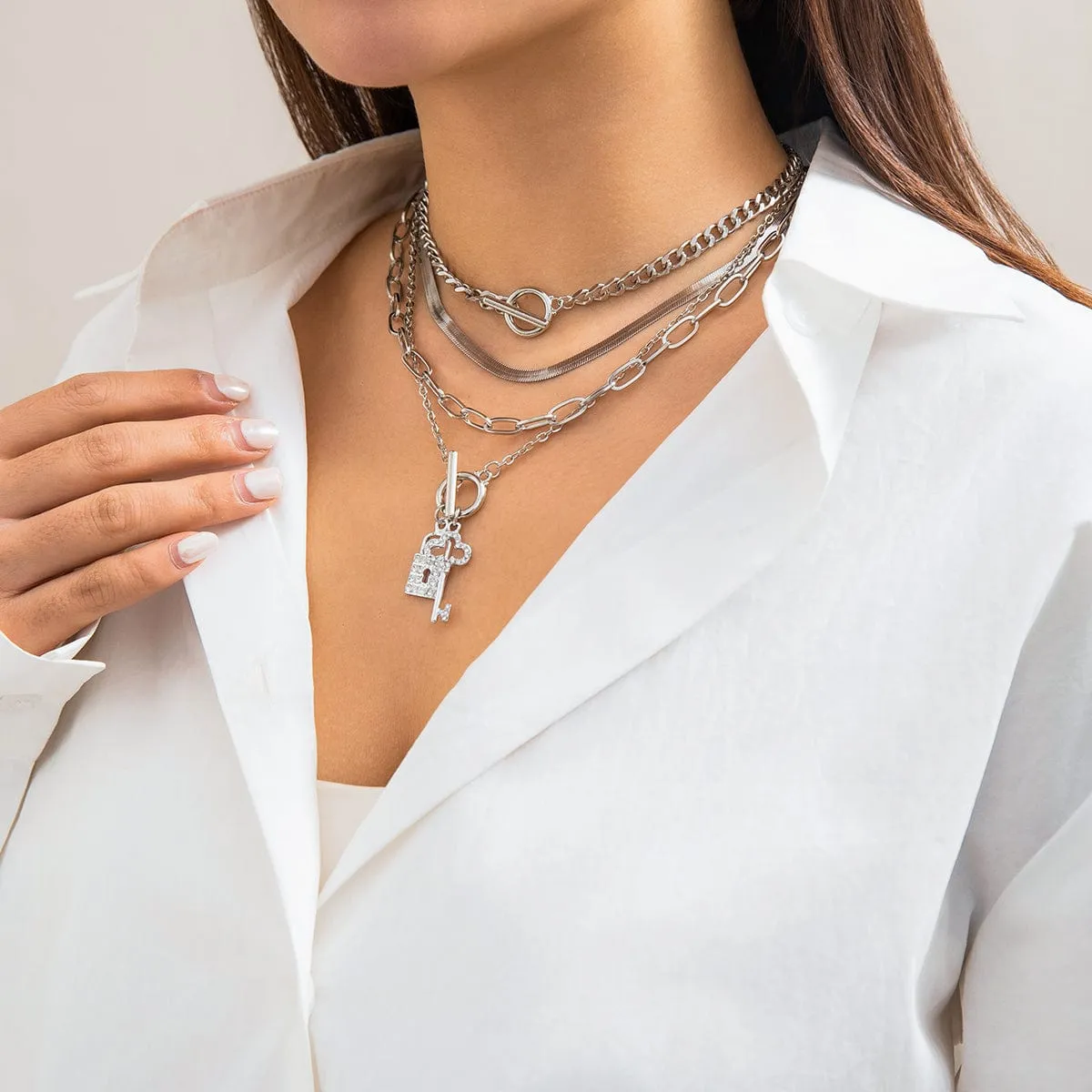 Boho Layered Cubic Zirconia Inlaid Key Lock Pendant Choker Necklace Set