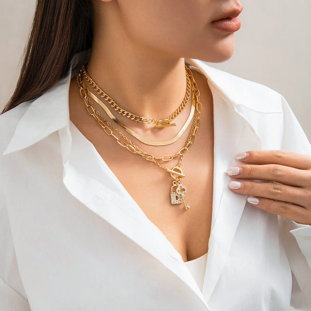 Boho Layered Cubic Zirconia Inlaid Key Lock Pendant Choker Necklace Set