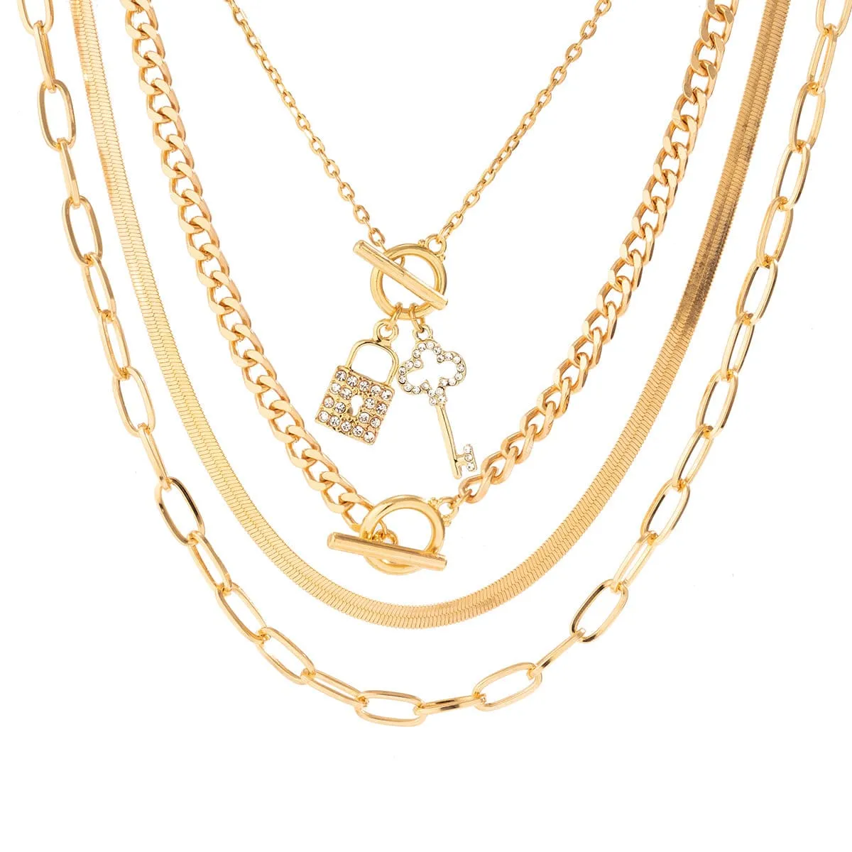 Boho Layered Cubic Zirconia Inlaid Key Lock Pendant Choker Necklace Set