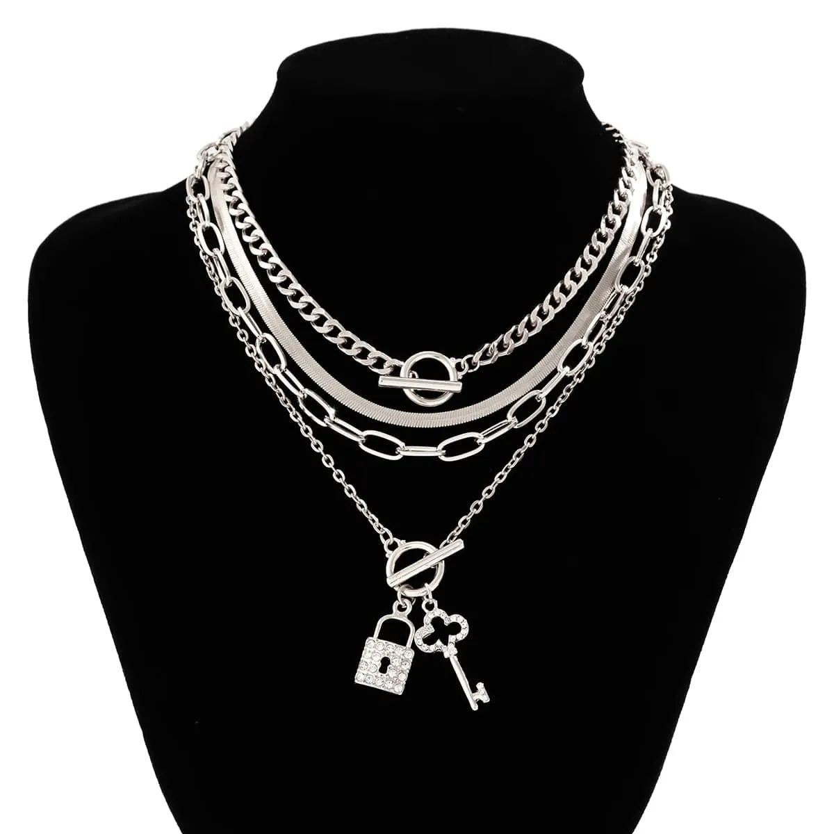 Boho Layered Cubic Zirconia Inlaid Key Lock Pendant Choker Necklace Set