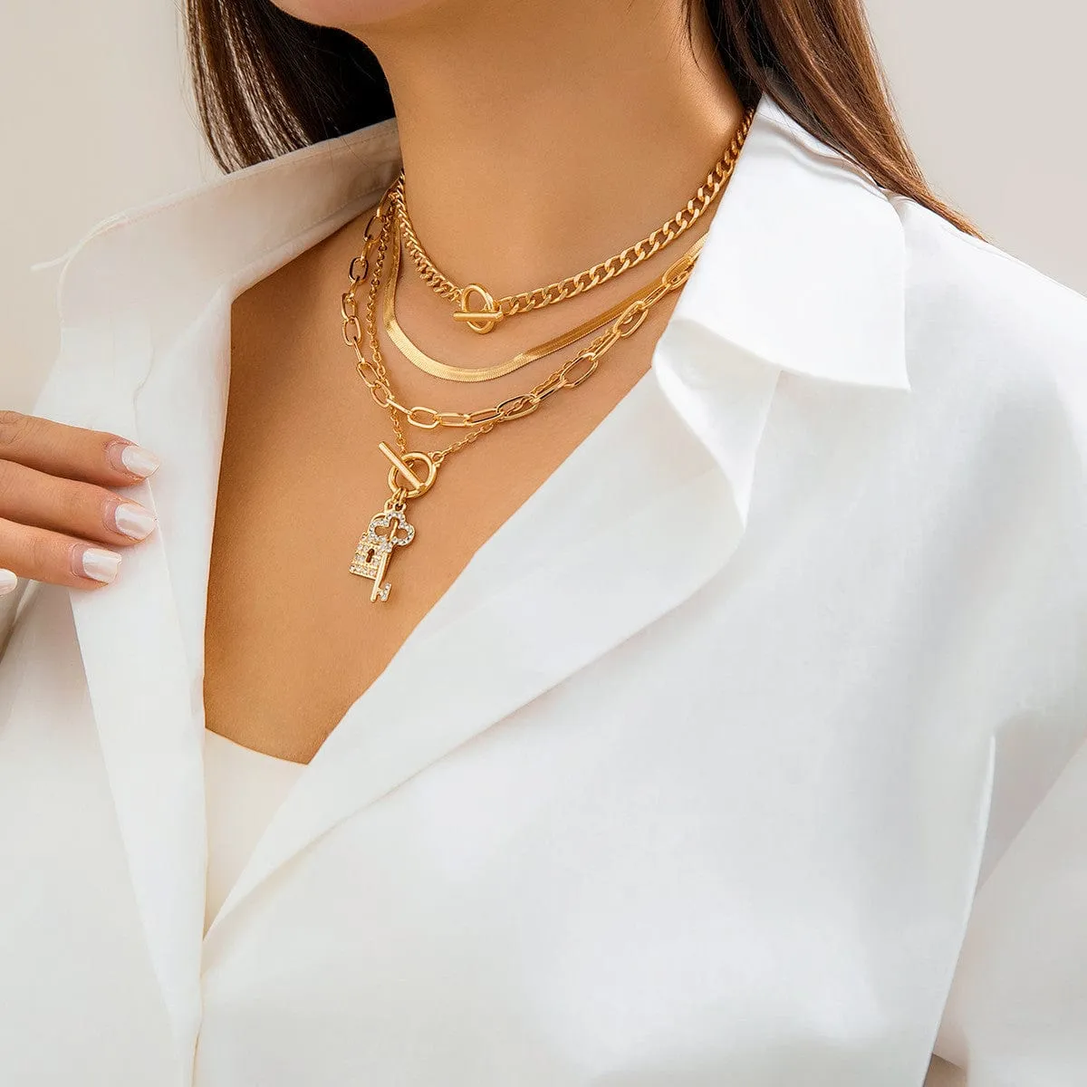 Boho Layered Cubic Zirconia Inlaid Key Lock Pendant Choker Necklace Set