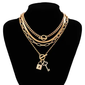 Boho Layered Cubic Zirconia Inlaid Key Lock Pendant Choker Necklace Set